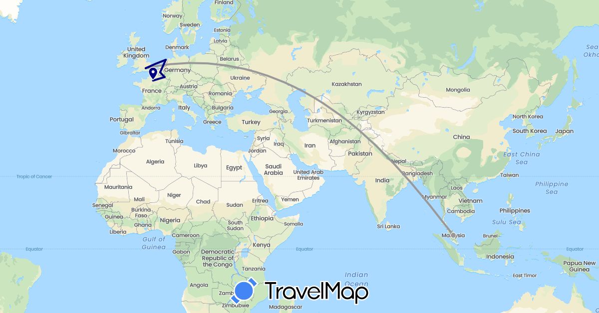 TravelMap itinerary: driving, plane in Belgium, France, United Kingdom, Luxembourg, Malaysia, Netherlands (Asia, Europe)